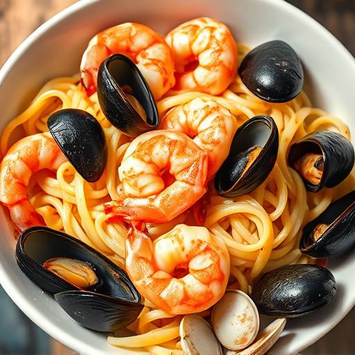 A bowl of seafood pasta, filled with seafood.