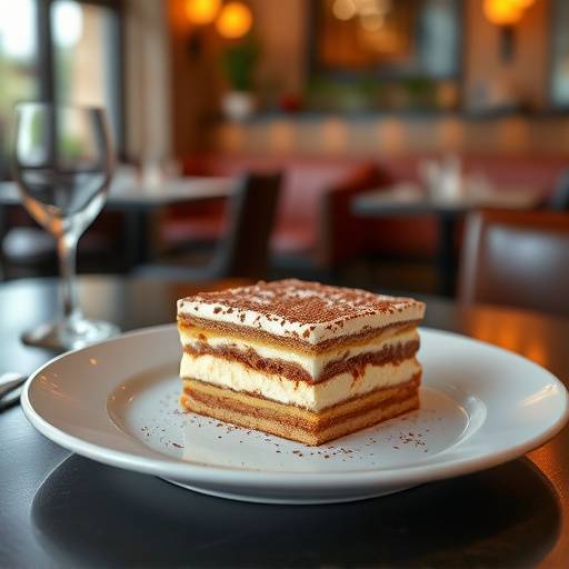 A slice of Ambrosia Bistro's signature tiramisu on a plate