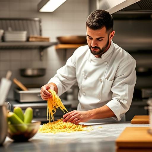 Chef Alessandro Rossi demonstrating pasta making techniques in the kitchen