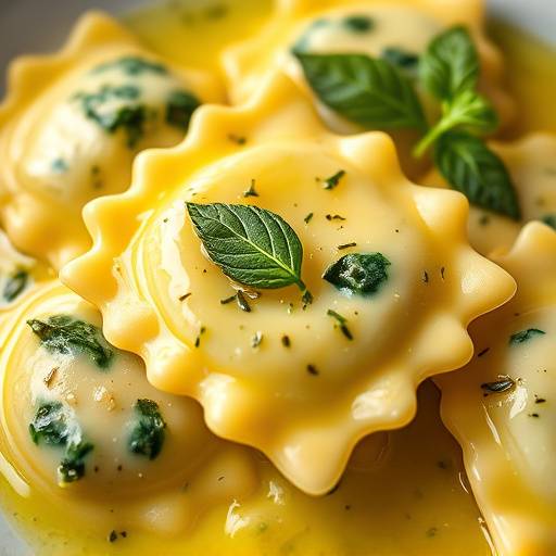 Close-up of handmade ricotta and spinach ravioli with sage butter sauce, garnished with fresh herbs.