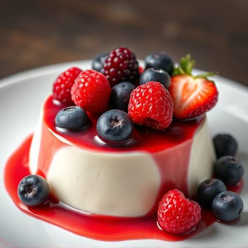 Delicious panna cotta with mixed berries on top.