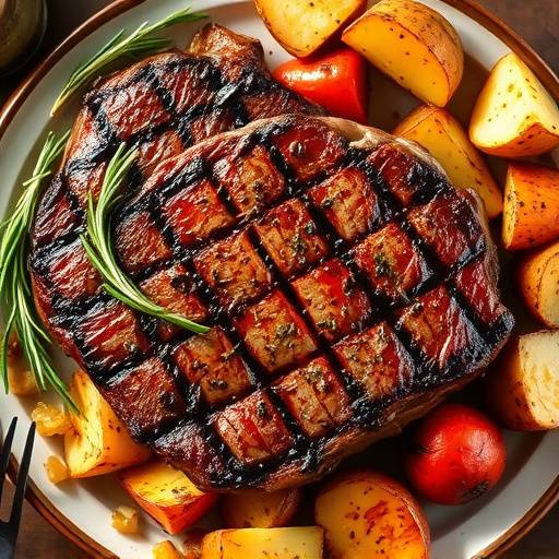 Grilled ribeye steak with rosemary potatoes and roasted vegetables