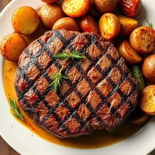 Grilled ribeye steak with rosemary potatoes and roasted vegetables