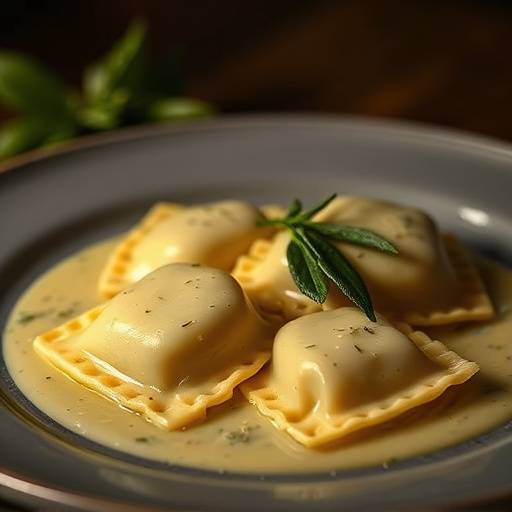 Handmade ricotta and spinach ravioli with sage butter sauce