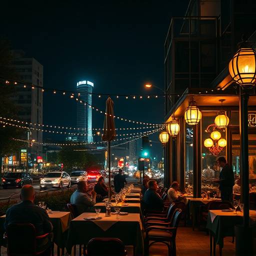 Night time view of the restaurant and surrounding city life.