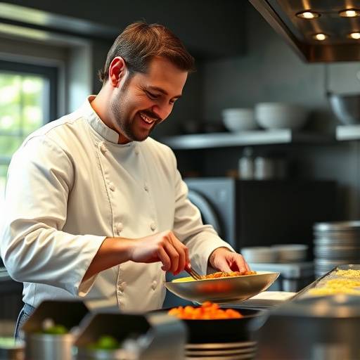 Portrait of Chef Alessandro Rossi in his kitchen, carefully inspecting a dish with a smile.