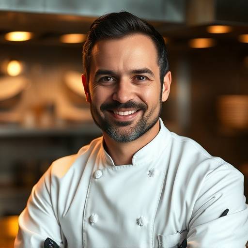 Portrait of Chef Alessandro Rossi, smiling in his kitchen
