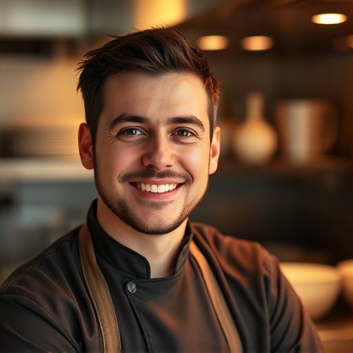 Portrait of Chef Alessandro Rossi, smiling in his kitchen