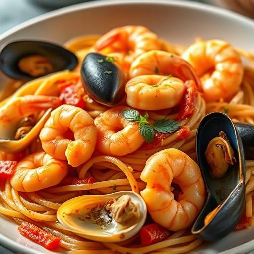 Seafood pasta with clams, mussels, and shrimp in a light tomato sauce