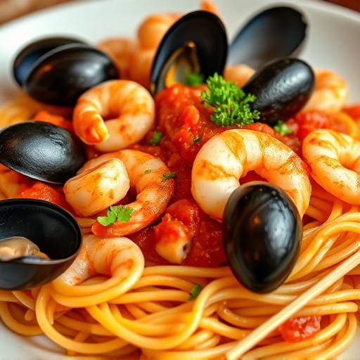 Seafood pasta with clams, mussels, and shrimp in a light tomato sauce