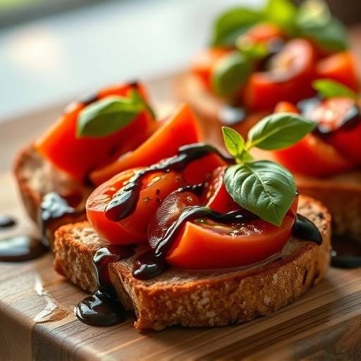 Toasted bruschetta topped with fresh tomatoes, basil, and balsamic glaze